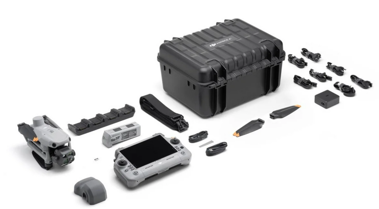 DJI Matrice 4T complete kit contents including aircraft, RC Plus 2 controller, battery, charging hub, and case