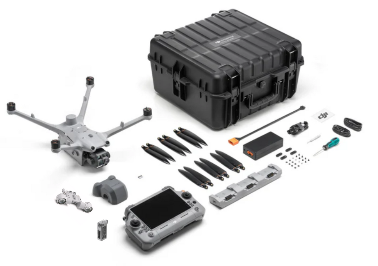 DJI Matrice 4TD NightTracker kit contents with RC Plus 2 controller, AL1 spotlight, charging hub, and hard case