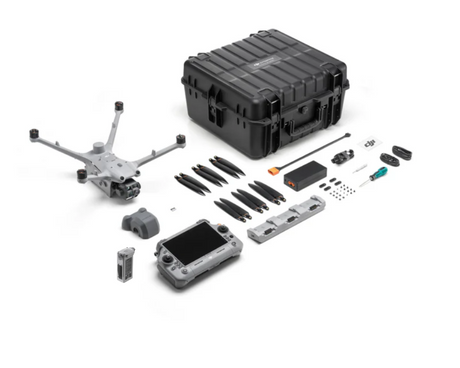 DJI Matrice 4TD Fly More Combo contents: aircraft, RC Plus 2 controller, batteries, charging hub, and hard case