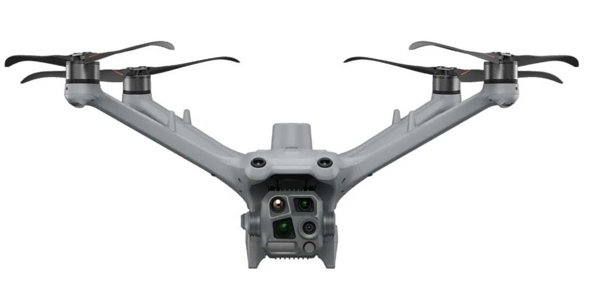 DJI Matrice 4TD front view with five-sensor gimbal, 640x512 thermal camera, and laser rangefinder for night tracking