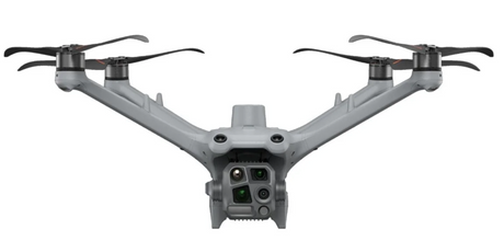 DJI Matrice 4TD front view with five-sensor gimbal, 640x512 thermal camera, and laser rangefinder for night tracking