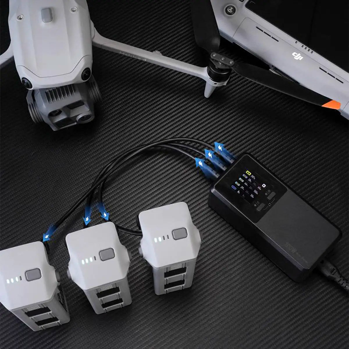 DJI Matrice 4 series batteries charging on the Stealth PowerHub 200W smart charger