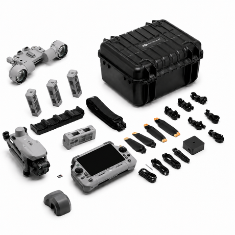 DJI Matrice 4T thermal deer recovery drone kit with spotlight, controller, batteries, charging hub, and hard case for wildlife and lost animal recovery