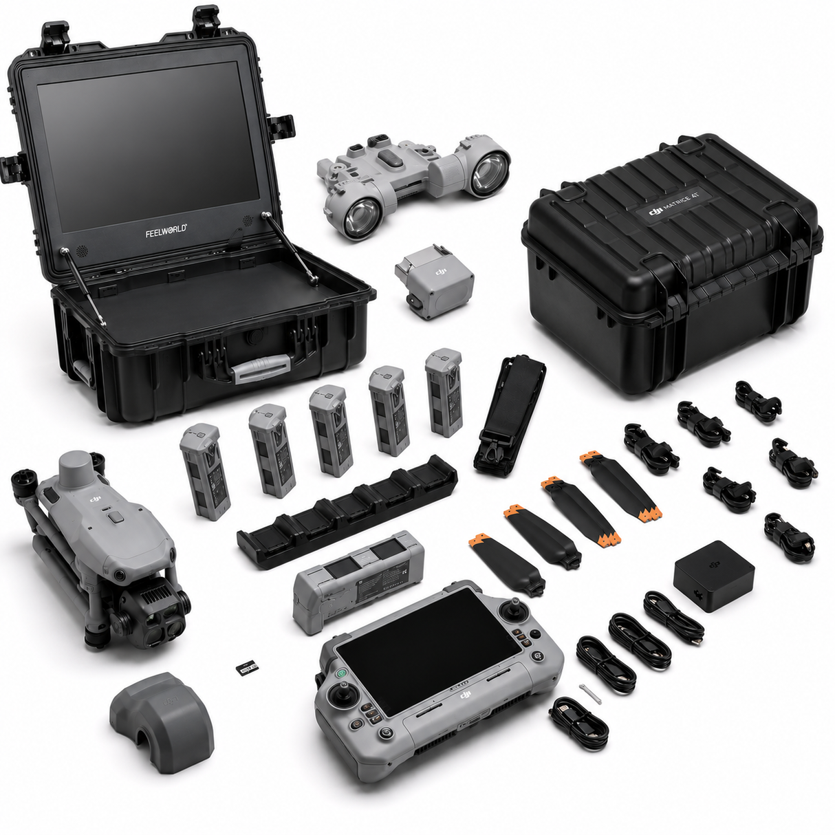 DJI Matrice 4T DFR and public safety drone kit with 21.5 inch field monitor, AL1 spotlight, AS1 speaker, 6 batteries, RC Plus 2 controller, and hard case