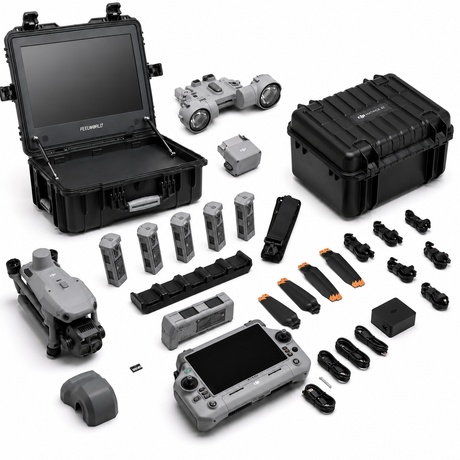 DJI Matrice 4T DFR and public safety drone kit with 21.5 inch field monitor, AL1 spotlight, AS1 speaker, 6 batteries, RC Plus 2 controller, and hard case