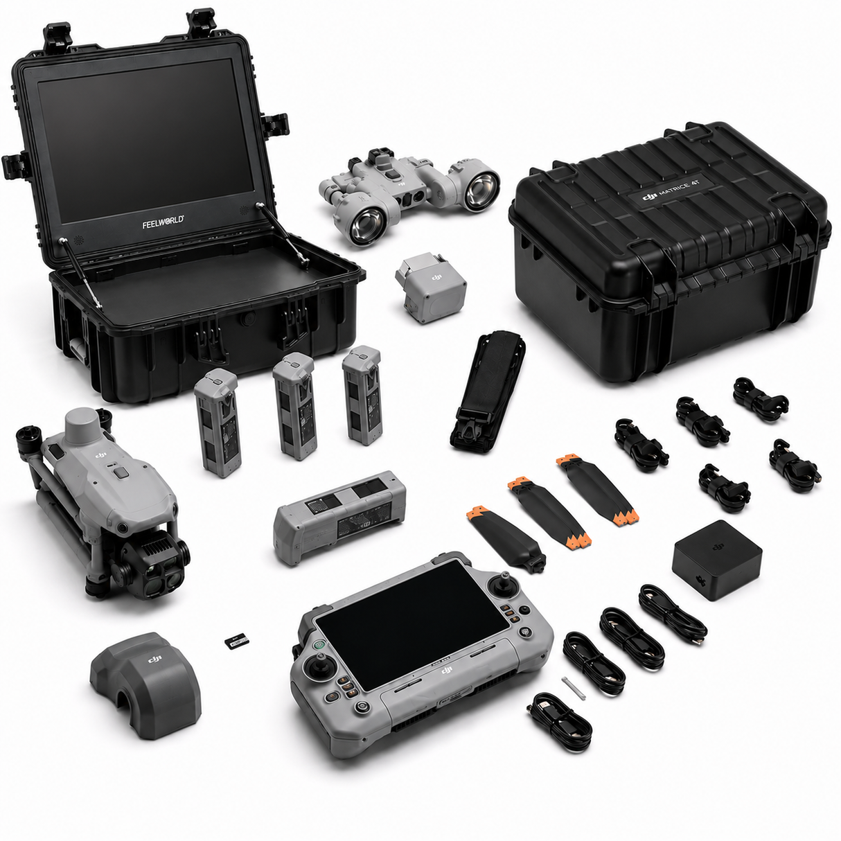 DJI Matrice 4T Public Safety Kit with 21.5 inch command post monitor, AL1 spotlight, AS1 speaker, 4 batteries, RC Plus 2 controller, and hard case